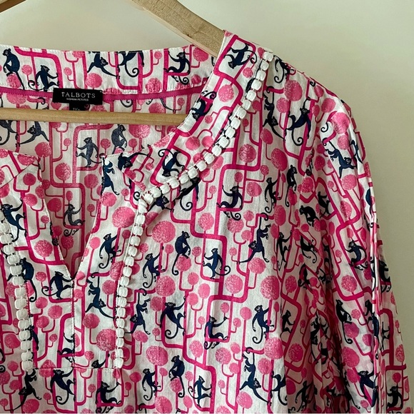 Talbots Pink & Blue Monkey Print Tunic Top 3/4 Sleeve Mandarin Collar Size 1XP - Picture 2 of 16